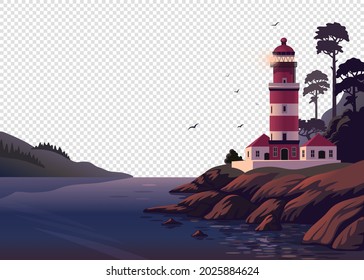 Lighthouse vector landscape. Beautiful sea landscape with a beacon on the cliff on transparent background. Vector illustration in flat cartoon style