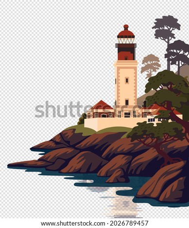 Lighthouse vector landscape. Beautiful sea landscape with a beacon on the cliff on transparent background. Vector illustration in flat cartoon style