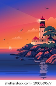 Lighthouse - vector landscape. Sea landscape with beacon on the beach at sunset. Vector illustration in flat cartoon style.