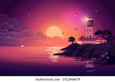 Lighthouse - vector landscape. Sea landscape with beacon on the cliff at night. Vector horizontal illustration in flat cartoon style.