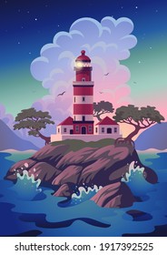 Lighthouse - vector landscape. Sea landscape with beacon on the cliff. Vector illustration in flat cartoon style.