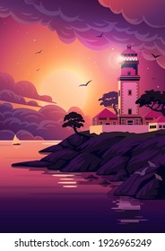 Lighthouse - vector landscape. Sea landscape with beacon on the cliff at sunset. Vector illustration in flat cartoon style.
