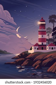 Lighthouse - vector landscape. Sea landscape with beacon on cliff and crescent in clouds. Vector illustration in flat cartoon style.