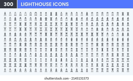 Lighthouse vector line icon set. Contains linear outline icons like Searchlight Tower, Sea Pharos, Beacon, Marine Navigation Tower, Harbour. Editable use and stroke for web.