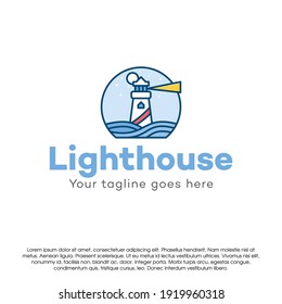 Lighthouse vector logo concept design template with lineal color style isolated on white background. Lighthouse tower vector logo in inside a circle with light logo design. EPS file. Editable stroke