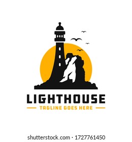 lighthouse vector logo design on a rock