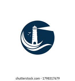 Lighthouse vector logo design. Waves Lighthouse icon logo design vector template illustration.