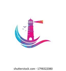 Lighthouse vector logo design. Waves Lighthouse icon logo design vector template illustration.