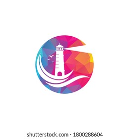 Lighthouse vector logo design. Waves Lighthouse icon logo design vector template illustration.	