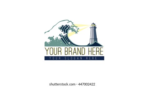Lighthouse vector logo template. Sea emblem. Marine sign. Wave emblem