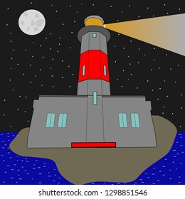 Lighthouse vector at night. moon, stars.