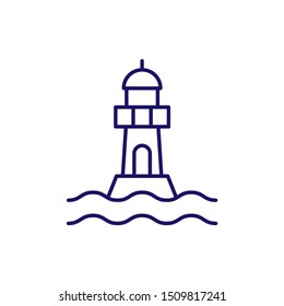 Lighthouse vector outline icon. Waves and beacon thin line symbol