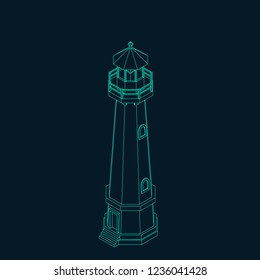 Lighthouse. Vector outline illustration. Isometric projection.