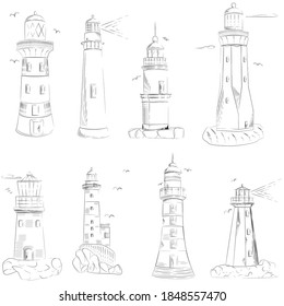Lighthouse vector set illustrations, sea sketch drawn pictures isolated on white background for line web design 