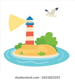 Conjunto de vetores de farol. Farol na ilha com areia, ondas do mar e gaivota. Mar, oceano e elemento de verão. Vetor plano em estilo de desenho animado isolado no fundo branco.