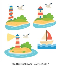 Conjunto de vetores de farol. Farol na ilha com areia, mar e gaivota e veleiro. Mar, oceano e elemento de verão. Vetor plano em estilo de desenho animado isolado no fundo branco.