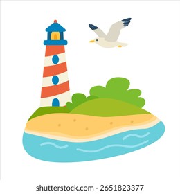 Conjunto de vetores de farol. Farol na ilha com areia, ondas do mar e gaivota. Mar, oceano e elemento de verão. Vetor plano em estilo de desenho animado isolado no fundo branco.