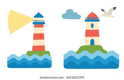 Lighthouse vector set. Lighthouse on island with sand, sea waves and seagull. Sea, ocean and summer element. Flat vector in cartoon style isolated on white background.