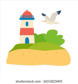 Conjunto de vetores de farol. Farol na ilha com areia, ondas do mar e gaivota. Mar, oceano e elemento de verão. Vetor plano em estilo de desenho animado isolado no fundo branco.