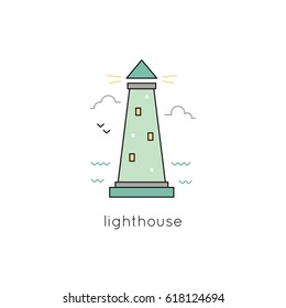 Lighthouse vector thin line icon. Colored isolated symbol. Logo template, element for travel agency, nautical theme products, tour brochure, excursion banner. Simple mono linear modern design.