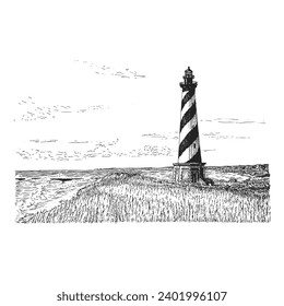 Lighthouse view, hand drawn illustration in vector, vintage seascape in engraving style