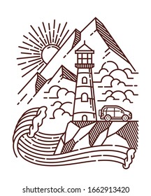 Lighthouse view line illustration. hand drawn