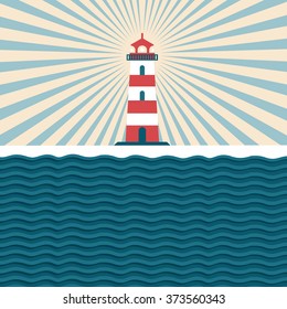 Lighthouse. Vintage illustration with a beacon. Flat style. Design templates for greeting cards and invitation.