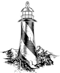 A Lighthouse In A Vintage Lithograph Style With Rough Waves Behind 