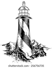 A lighthouse in a vintage lithograph style with rough waves behind 