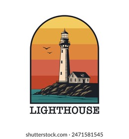 Lighthouse vintage logo illustration. Lighthouse logo with sunset background