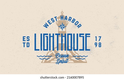 Lighthouse vintage logo, poster. Template Label with Lighthouse silhouette. Hipster vintage design with craft grunge texture. Old retro print, typography. Vector illustration