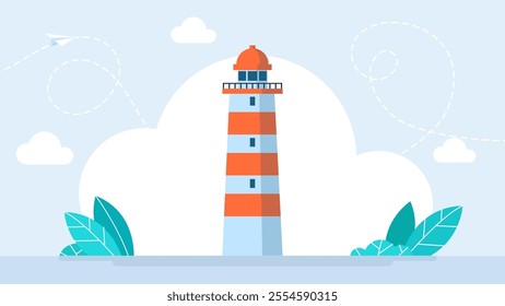 Lighthouse. Vision, business discovery or searching for success. A colored lighthouse in a flat cartoon style, the silhouette of a lighthouse. Maritime navigation. Vector illustration