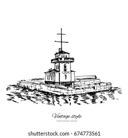 Lighthouse of Vyborg, Finnish Gulf, Saint Petersburg landmark, Russia, hand drawn engraving vector illustration isolated on white, ink sketch building for touristic postcard, poster, calendar template
