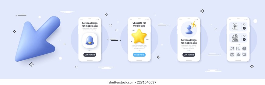 Lighthouse, Warning briefcase and Inspect line icons pack. Phone screen mockup with 3d cursor. Alert, star and placeholder. Charging time, Search package, Floor plan web icon. Vector