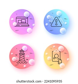 Lighthouse, Warning and Inspect minimal line icons. 3d spheres or balls buttons. Web inventory icons. For web, application, printing. Beacon tower, Important message, Clipboard document. Vector