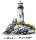 Lighthouse Watercolor Illustration on White Background