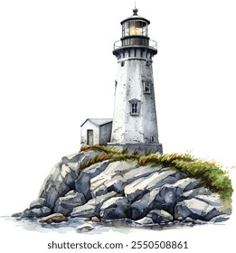 Lighthouse Watercolor Illustration on White Background