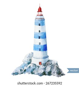 Lighthouse, Watercolor, Sea, Object, Vector