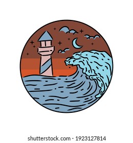 lighthouse and wave, beach Illustration design, vector badge and emblem