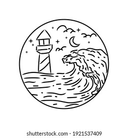 Lighthouse And Wave Beach Monoline Design Vector