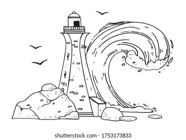 Lighthouse and wave. Hand drawn outline vector sketch illustration. Black on white background