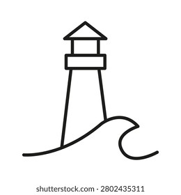 Lighthouse wave marine navigation features linear vector element. Visualizes sea ocean travel and coastal safety guidance. eps 10