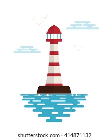 Lighthouse with waves, clouds and birds on a white background. Icon lighthouse. Illustration of a lighthouse with the ocean waves - a sign of the marine club or community. Stock vector