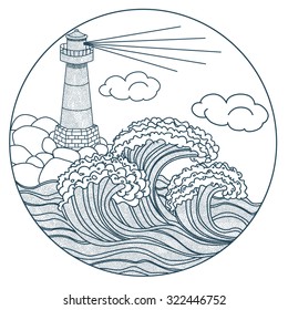 lighthouse in the waves icon illustration