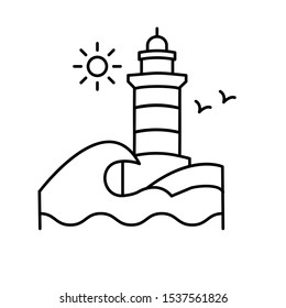 Lighthouse and waves line icon, outline vector sign, linear style pictogram isolated on white. Symbol, logo illustration. Editable stroke. Pixel perfect vector graphics