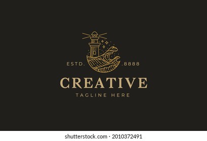 Lighthouse Waves Logo Design Template. Vector Illustration of Lighthouse with ocean. Vintage Modern Logo Line Art Design Template