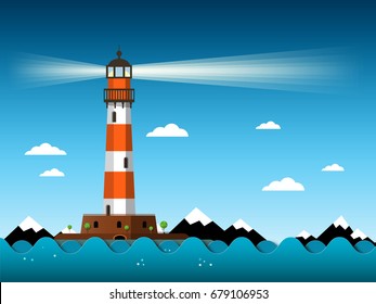 Lighthouse with Waves on Sea. Vector. Building with Mountains on Background.