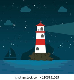 Lighthouse with Waves on Sea.Building with Mountains on Background