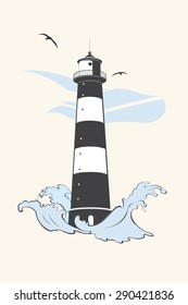 The lighthouse with waves and seagulls. Lighthouse design element for logo, labels or badge. Vector Illustration