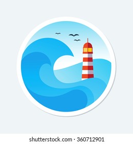 Lighthouse with waves. Vector illustration.